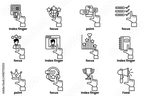 set of images of hands pointing at various things in a line drawing style