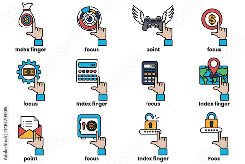 set of images of hands pointing at various things in a line drawing style