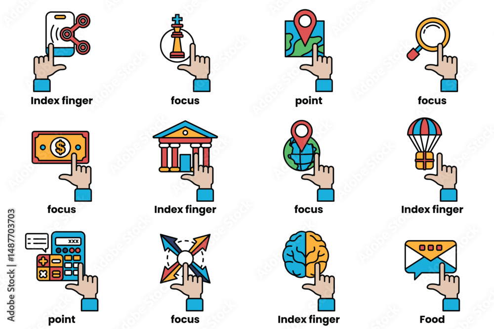 Fototapeta premium set of images of hands pointing at various things in a line drawing style