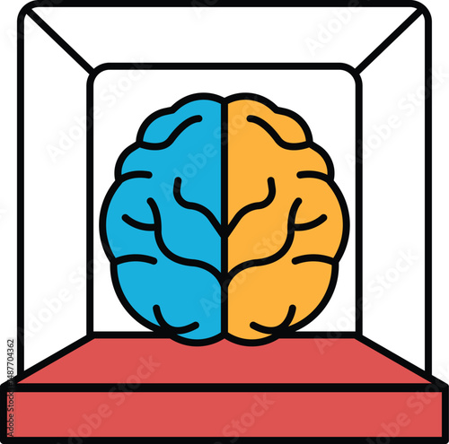 A brain is shown in a box with the left side blue and the right side orange