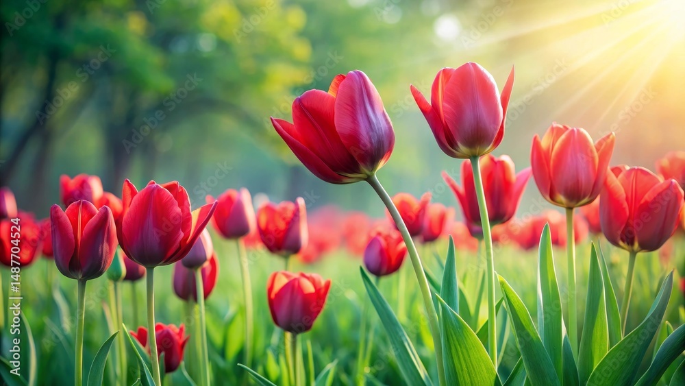 Radiant crimson tulips bathed in the warm glow of morning sunlight, a vibrant springtime scene of blossoming flowers in a lush green field Radiant crimson tulips bathed in the warm glow of morning sunlight, a vibrant springtime scene of blossoming flowers in a lush green field