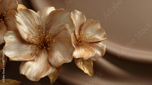 Rich gold flower sculpture on soft brown background, photoreal style photo