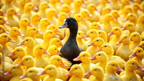 A lone dark duck amidst a multitude of vibrant yellow ducklings, a striking contrast of color and individuality within a large group of similar creatures.