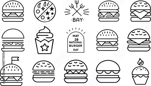 This vector icon set features Easter icons alongside a collection of food illustrations like burger, sandwich, cake, coffee, bread, pizza, bun, and cheese, suitable for menu or restaurant design