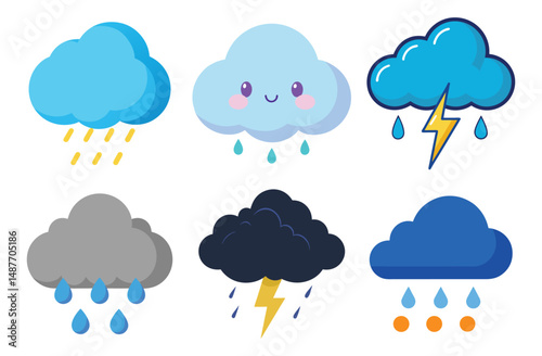 Set of weather rainy cloud vector on white background