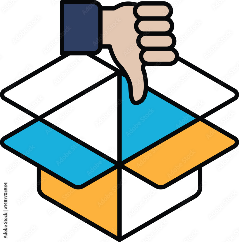 A hand is holding a box with a thumbs down gesture