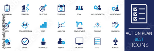 Action plan icon set. This collection features icons for strategy, task, schedule, goal, and teamwork. Perfect for project management, development, and collaboration needs.