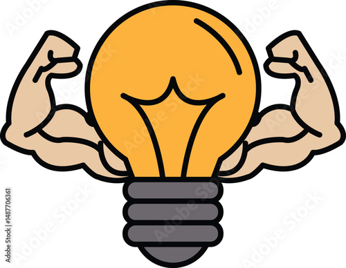 A cartoon of a man with bulging biceps holding a light bulb