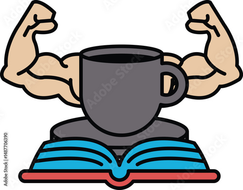 A man's arms are holding a cup that is upside down on top of a book