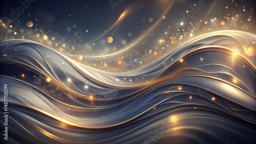 Elegant Abstract Swirling Dark Grey and Gold Waves with Glimmering Lights and Sparkling Dust Particles Background