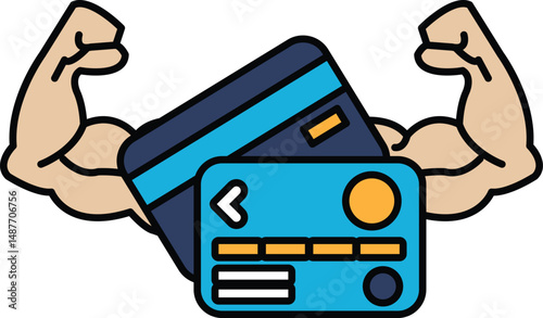 A man with bulging muscles is holding a credit card in his hand