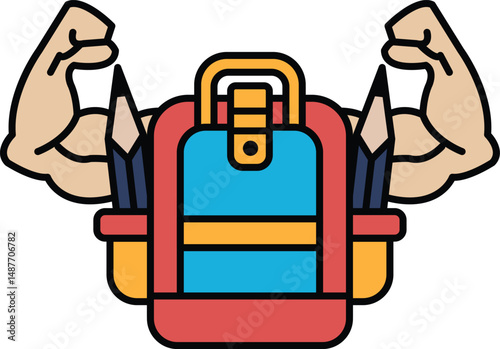 A man with his arms raised and a backpack on his back