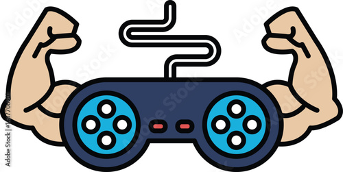 A man's biceps are shown with a video game controller in the foreground