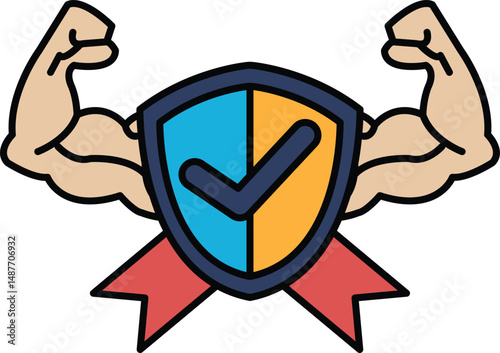 A muscular man is holding a shield with a check mark on it