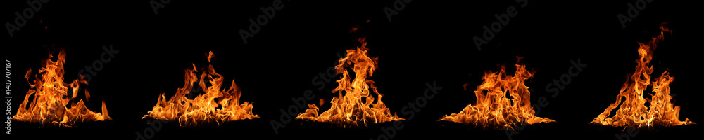 Fototapeta premium Abstract flames collection isolated on black background. Different burning effects. Flames in the night sky.