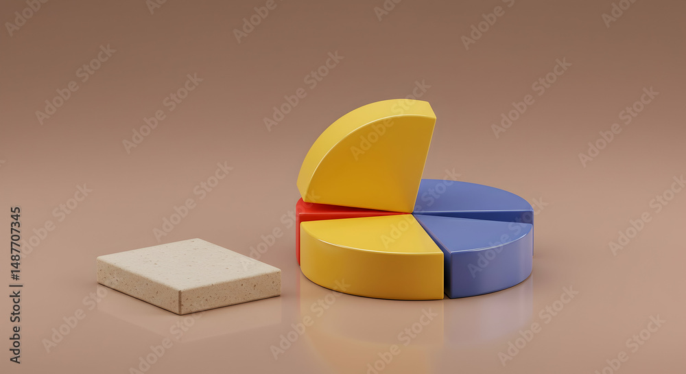 3D, render, pie chart, 3D Render of Colorful Pie Chart and Block on Brown Background 3D, render, pie chart, 3D Render of Colorful Pie Chart and Block on Brown Background