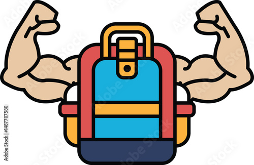 A muscular man is holding a backpack with a red strap