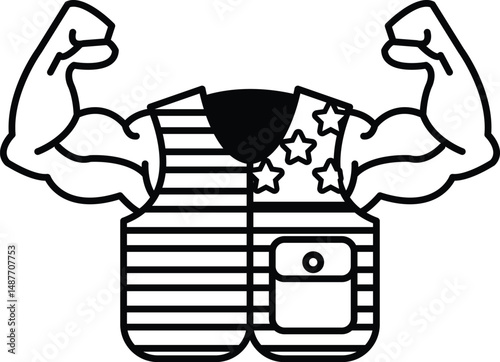 A man with a muscular build is wearing a vest with stars and stripes