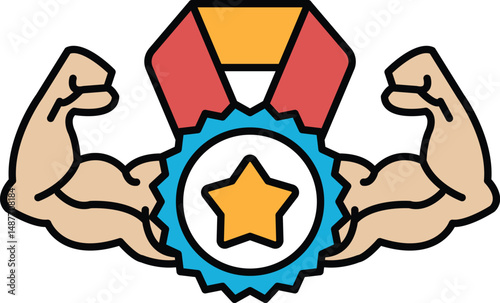 A muscular man is holding a gold star and a red ribbon