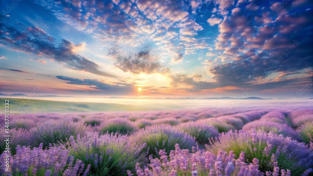 Naklejka premium Serene Sunrise over a Misty Lavender Field, Painting a Dreamlike Landscape with Vibrant Colors and Soft Light