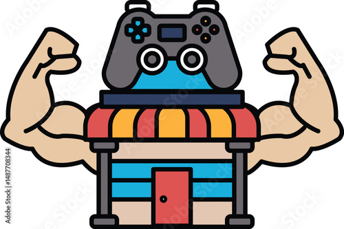 A cartoon of a man with a muscular arm holding a video game controller