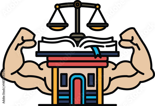 A building with a book on top of it and a pair of arms on either side of it