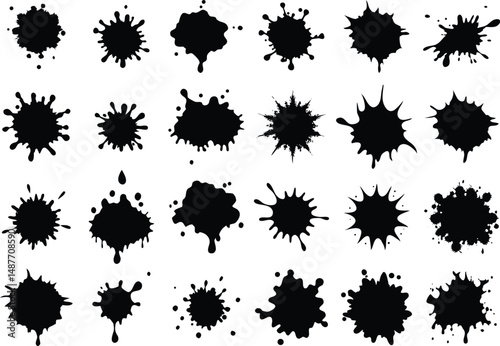 Set of black ink splashes and drops vector. Blotter spots, liquid paint drip drop splash  on a transparent png background