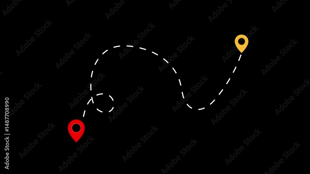animation travel map icon featuring a red location pin above a winding white dashed path, symbolizing navigation, journey, or route planning with Alpha Channel