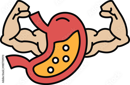 A cartoon of a man with bulging muscles and a red stomach