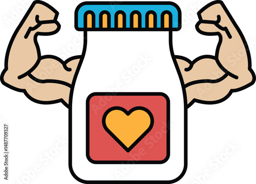 A cartoon of a man with bulging muscles holding a jar with a heart on it