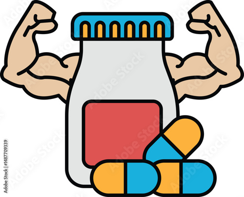 A cartoon of a man with bulging muscles holding a bottle of pills