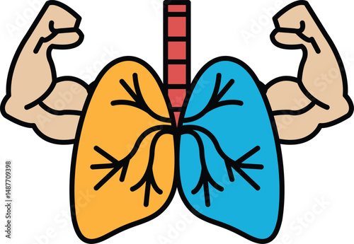 A cartoon drawing of a man with a muscular chest and a pair of lungs