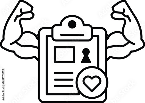 A man with bulging muscles is holding a clipboard with a heart on it