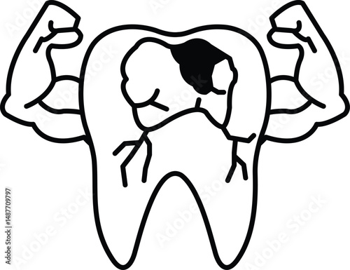 A tooth with a black spot on it is shown with a muscular man's arms