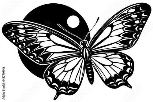Black silhouette butterfly with moon vector design on white background, butterfly, moon, silhouette, side view, night, vector, design, illustration, shape, outline, wings, flight, abstract, nature