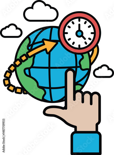 A hand pointing at a clock that is set to 12:00