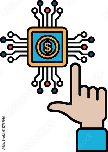 A hand pointing at a computer chip with a dollar sign on it