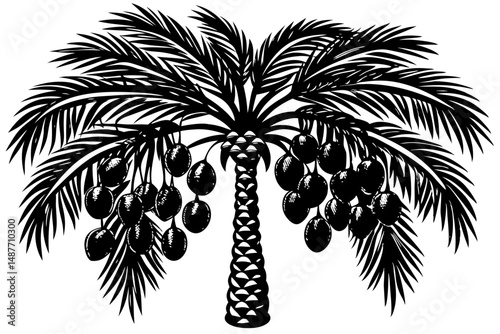 Silhouette of a date palm tree side view in minimalist style, date palm, palm tree, side view, silhouette, black and white, vector, illustration, design, graphic, plant, nature, tropical, desert, oasi