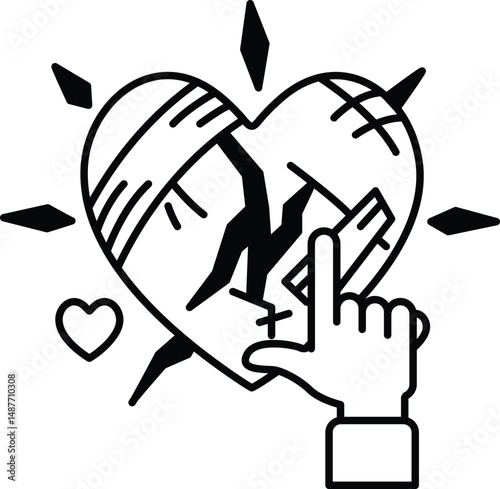 A broken heart with a finger pointing to it
