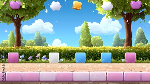 Cartoon Landscape with Clouds Hearts and Cubes