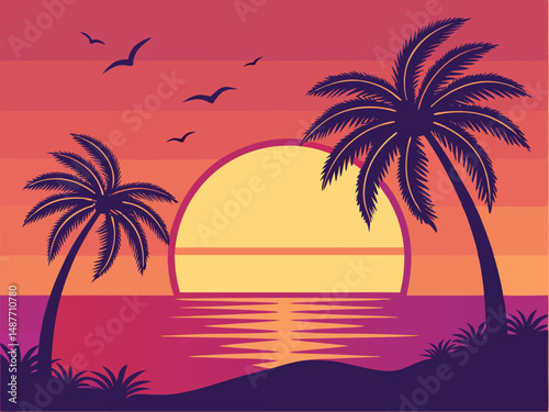 Illustration of a tropical sunset with palm trees and birds flying over the ocean at dusk time