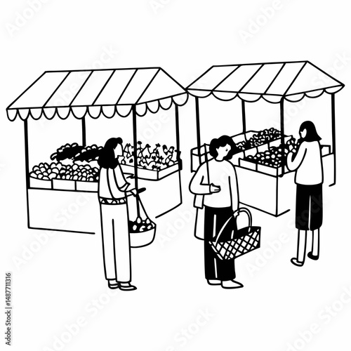 Modern Line Art Illustration of Farmers Market Customers