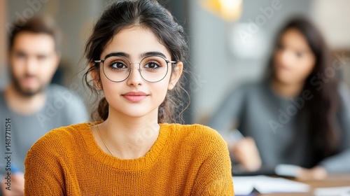 a young student of indian descent is seen actively participating in a group discussion in a contemporary and well furnished setting