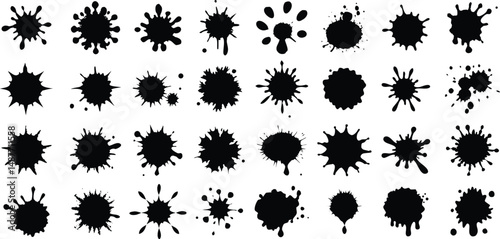 Set of black ink splashes and drops vector. Blotter spots, liquid paint drip drop splash  on a transparent png background
