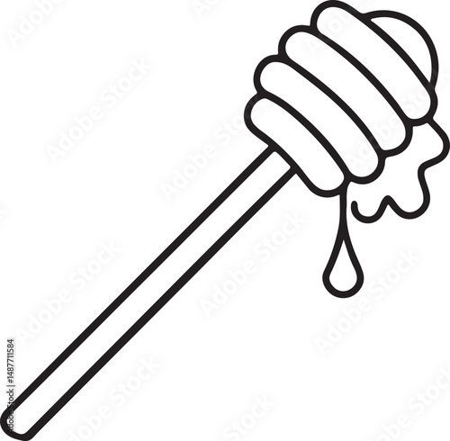 honey dipper stick with dripping honey line art, black outline, vector and illustration, coloring book page line art drawing