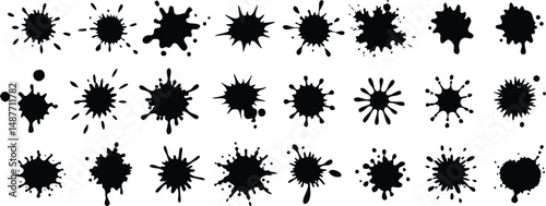 Set of black ink splashes and drops vector. Blotter spots, liquid paint drip drop splash  on a transparent png background