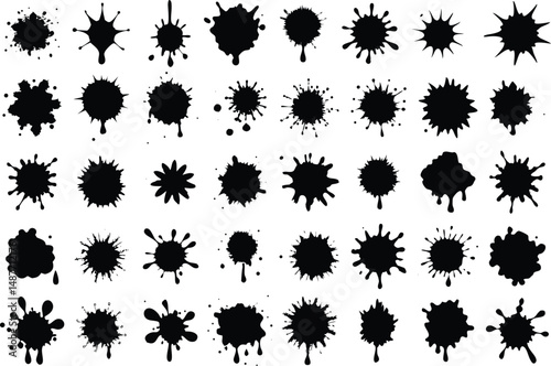 Set of black ink splashes and drops vector. Blotter spots, liquid paint drip drop splash  on a transparent png background