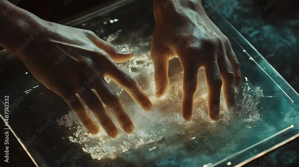 Fototapeta premium Cinematic capture of hands operating a transparent touchscreen with big data visuals 