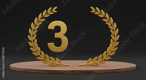 3rd place,  third,  three, Third Place Award Gold Laurel Wreath on Wooden Podium