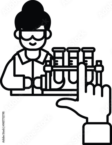 A woman is holding a hand over a lab table with a man in a lab coat
